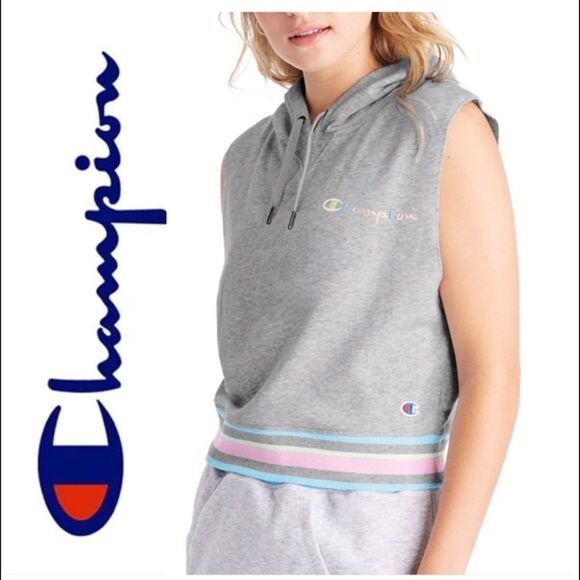 Champion Campus Grey French Terry Lined Sleeveless Hooded Cropped Vest Sz L NEW - Picture 14 of 15